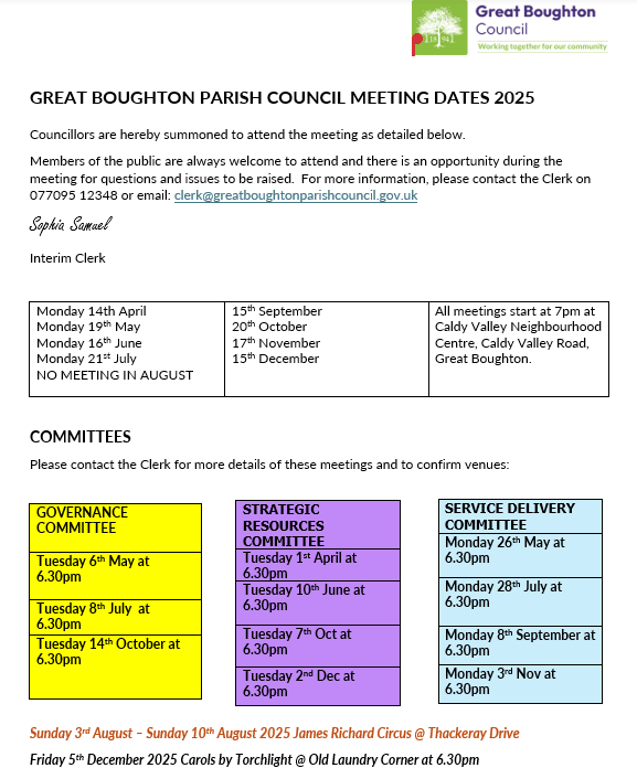 Great Boughton Council Meeting Dates 2025