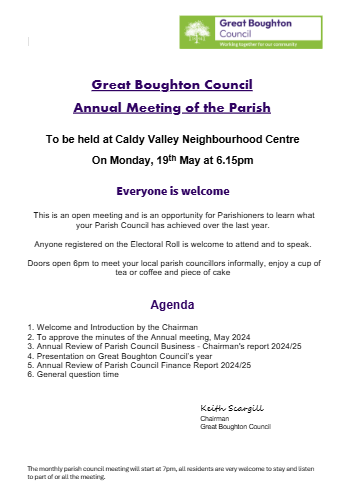 Annual Parish Meeting, 19th May 2025, 6.15pm at Caldy Valley Community Centre