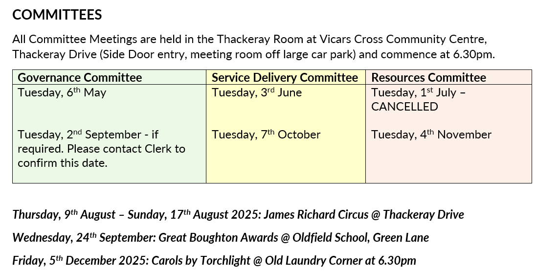 Changes to Committee Meeting Dates – Resources Committee Meeting Cancelled