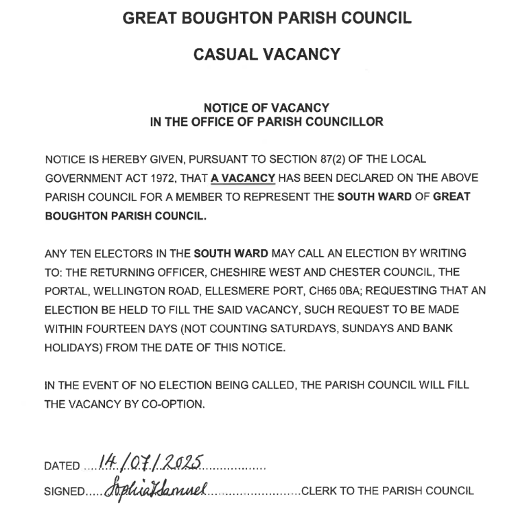 Notice of Vacancy in the Office of Parish Councillor – 14th July 2025